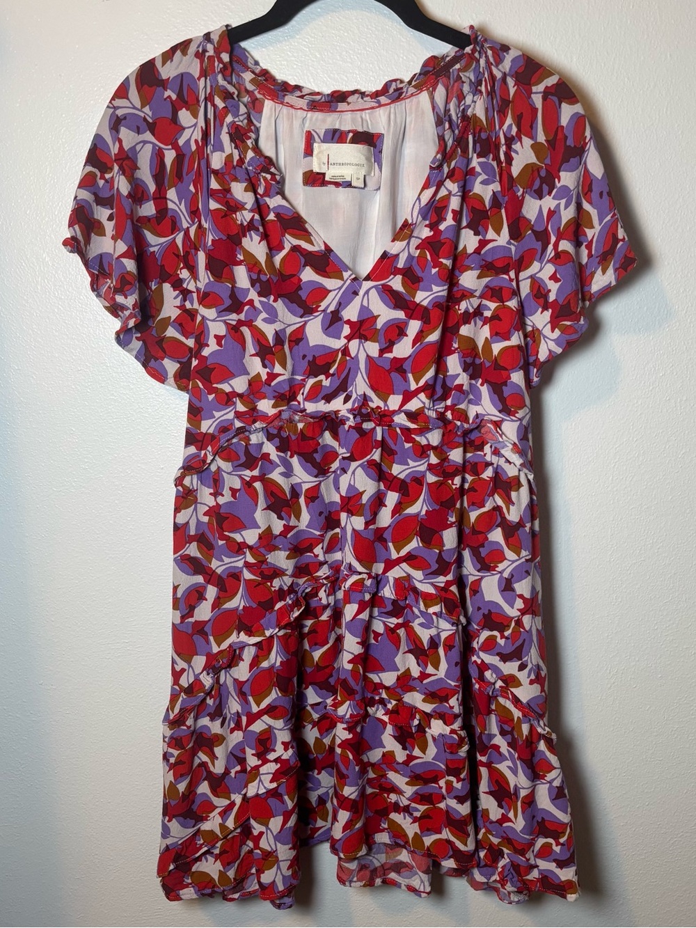 Anthropologie Robin Tiered Minidress Red & Purple Floral Flowy Dress